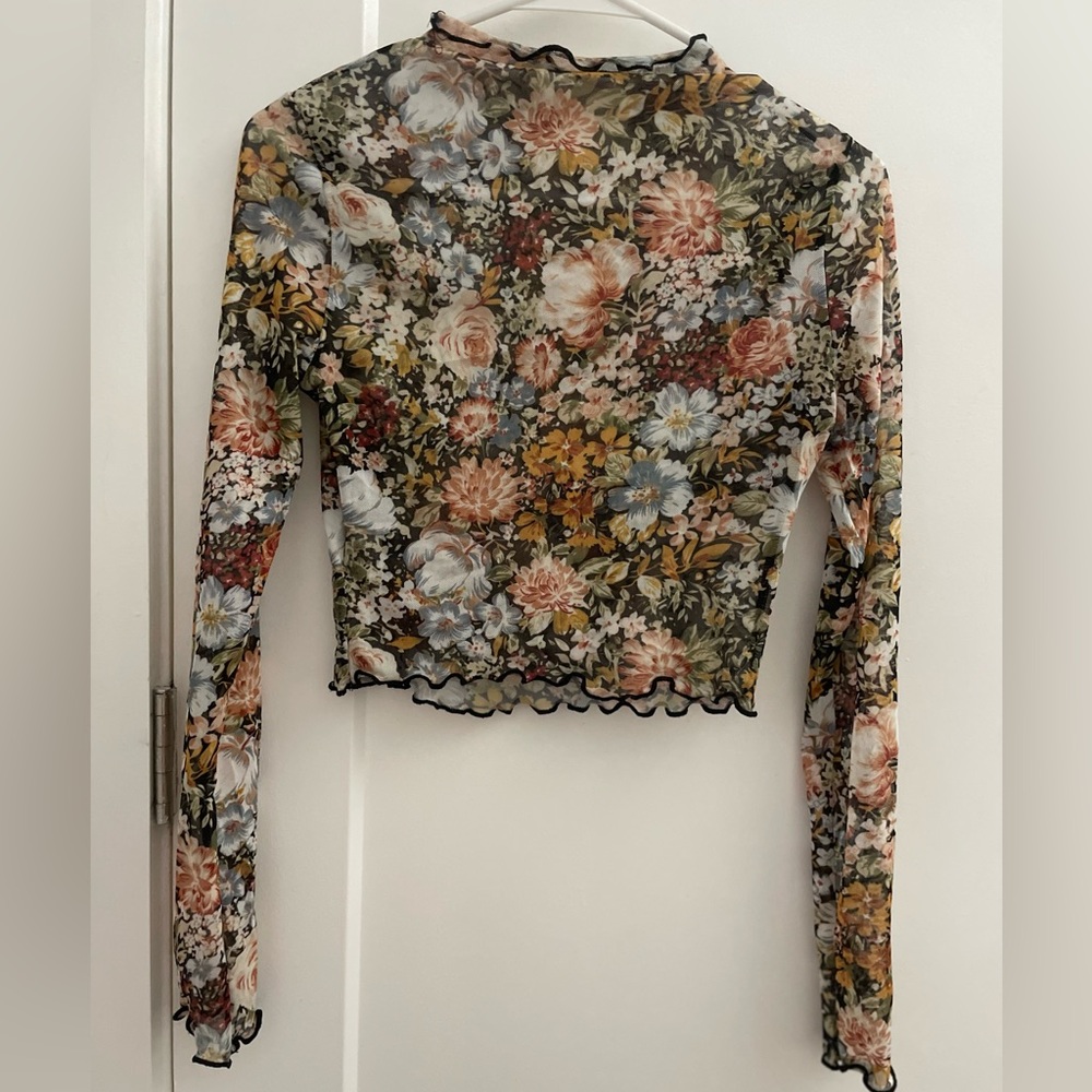 Floral Mesh Long-Sleeve Crop Top - Multi Floral